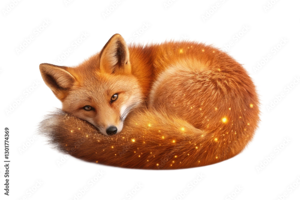 Fototapeta premium Cozy fox curled up with glowing fur creates a magical and serene ambiance perfect for nature-themed designs or relaxation settings