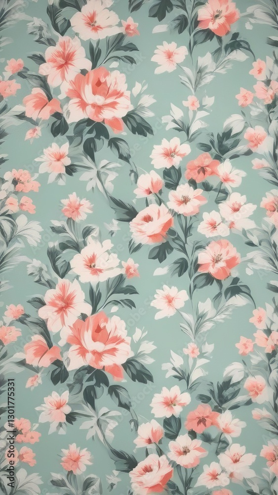 A floral patterned wall with green and pink flowers A floral patterned wall with green and pink flowers