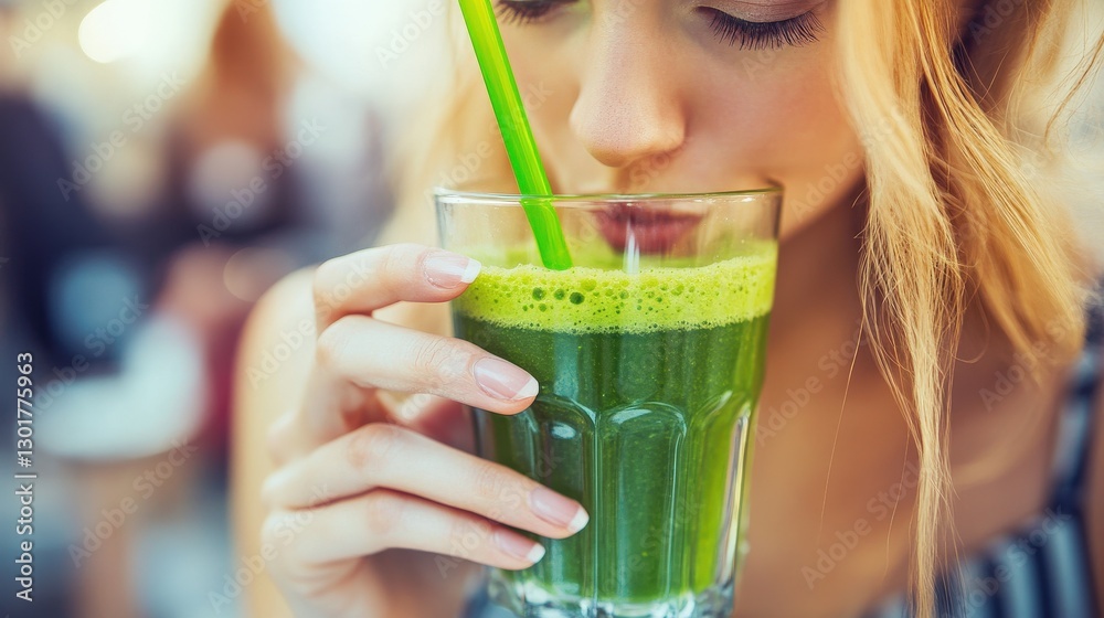 Fototapeta premium Woman Sipping Fresh Green Smoothie While Working in Bright Café