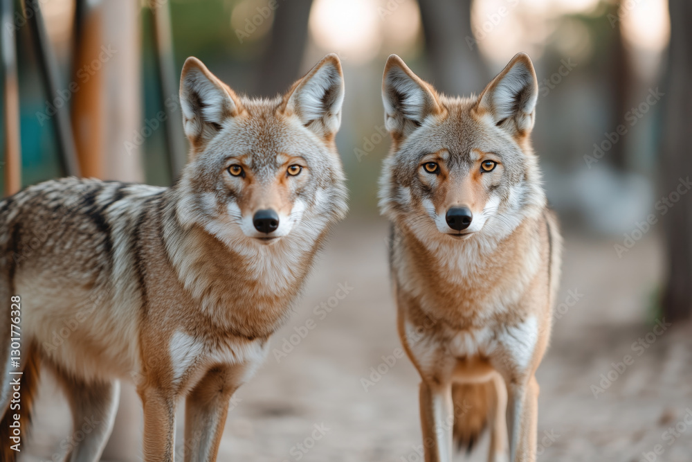 Two coyotes standing alert in a natural woodland setting, curious wild animals observing their surroundings in warm evening light Two coyotes standing alert in a natural woodland setting, curious wild animals observing their surroundings in warm evening light