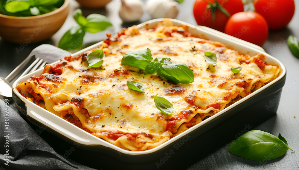 Delicious cooked lasagna in baking dish and basil isolated on white Delicious cooked lasagna in baking dish and basil isolated on white
