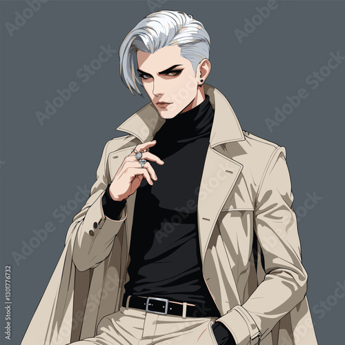 Stylish anime man in beige trench coat with silver hair, holding ring against grey background