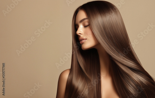 Beautiful model girl with shiny brown and straight long  hair . Keratin  straightening . Treatment, care and spa procedures. Smooth hairstyle