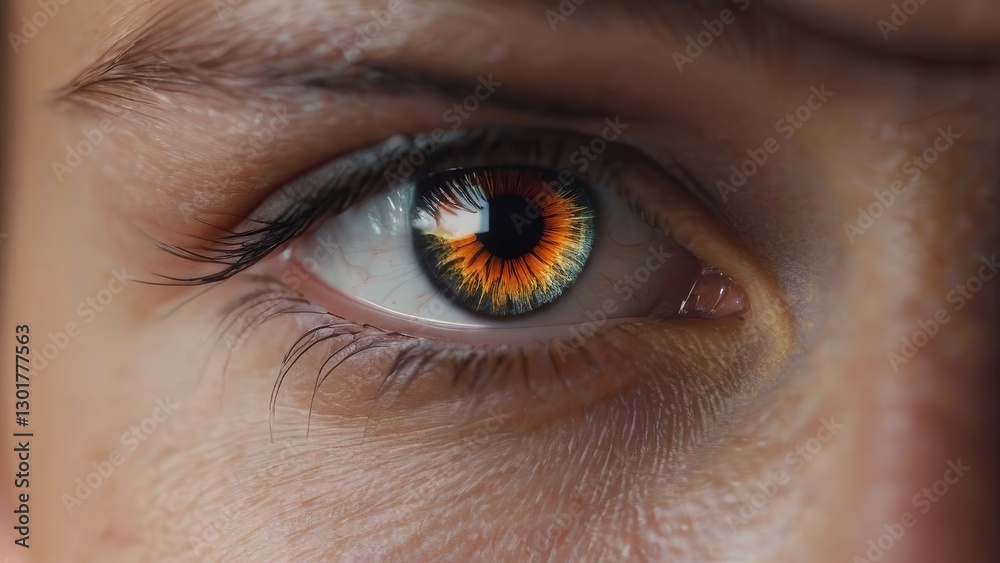 Obraz premium A close up of a person's eye with a greenish orange iris