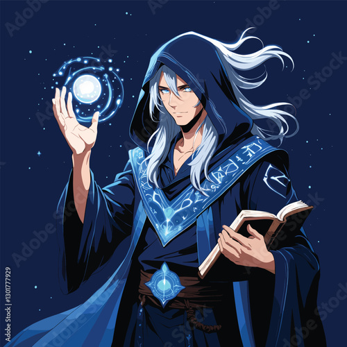 Wizard with Orb Casting Spell, Holding Book, Cloak, Night Sky Background