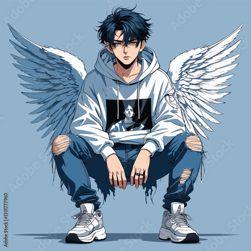 Anime angel in hoodie and ripped jeans squats with wings on a muted blue background