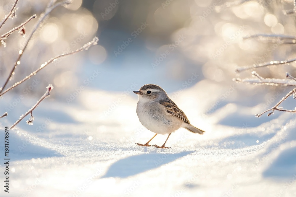 Small Bird in Snowy Winter Landscape with Soft Sunlight Small Bird in Snowy Winter Landscape with Soft Sunlight