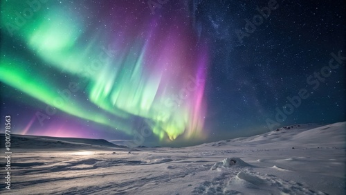 Aurora Borealis Display over Snowy Landscape