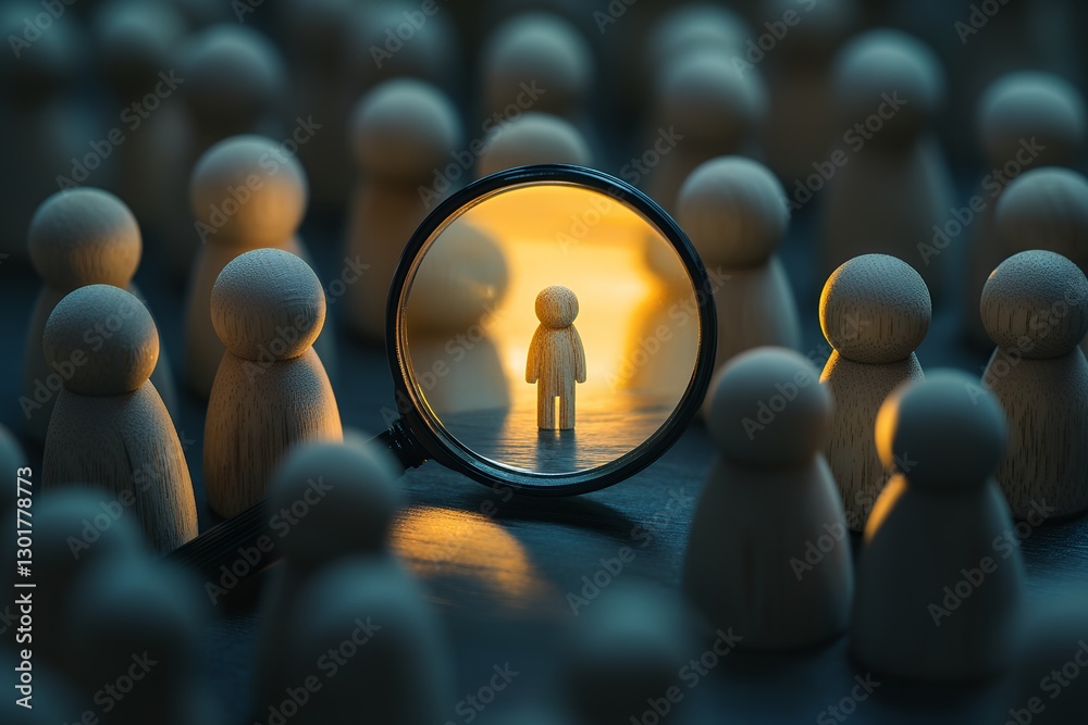 Obraz premium Magnifying glass focusing on miniature wooden figure amongst larger figures