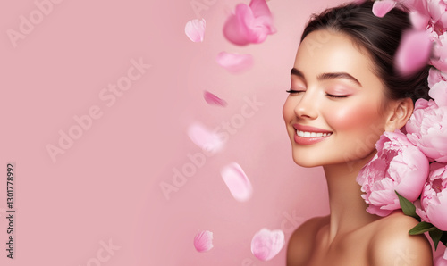 Beautiful young smiling  woman with clean fresh skin on face . Girl facial  treatment . Woman with pink peony flowers on a pink background. Cosmetology , beauty  and spa .

