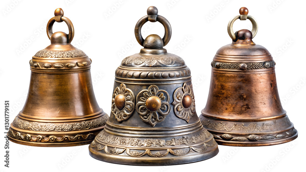 Elegant Ornate Metal Bells with Intricate Designs, Isolated on Transparent Background Elegant Ornate Metal Bells with Intricate Designs, Isolated on Transparent Background