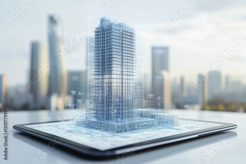 Digital tablet displaying skyscraper blueprint and 3d model with grid overlay design