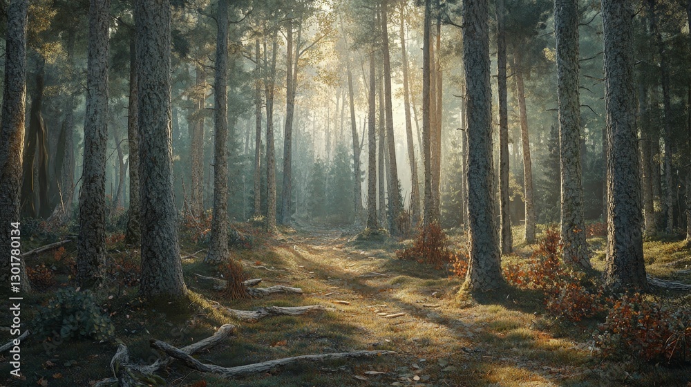 Fototapeta premium Captivating serenity a detailed portrait of a tranquil coniferous forest bathed in soft light