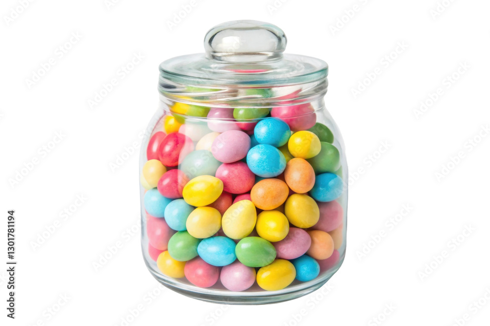Colorful candy jar filled with vibrant chocolate eggs for festive celebrations or sweet treats Colorful candy jar filled with vibrant chocolate eggs for festive celebrations or sweet treats