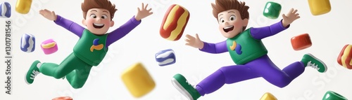 Cartoon kids jumping with colorful treats