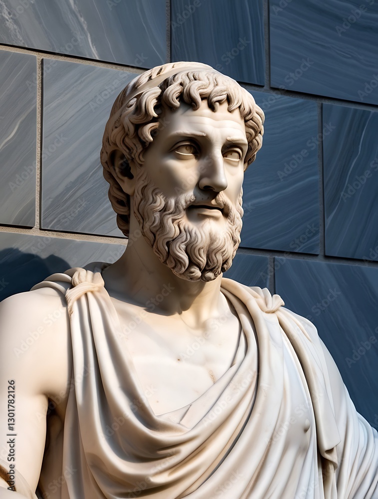 Obraz premium Ancient Roman marble statue of a bearded philosopher with a muscular physique, draped in a toga, exuding wisdom and strength, set against a classical stone wall backdrop.