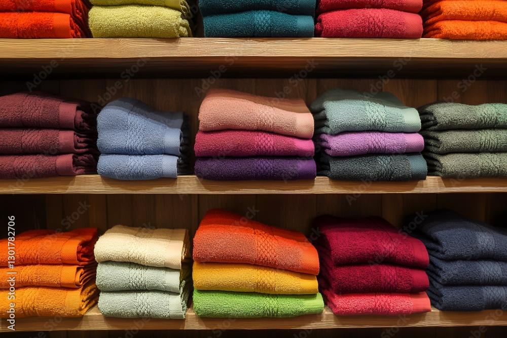Colorful folded towels on wooden shelves in a store display Colorful folded towels on wooden shelves in a store display