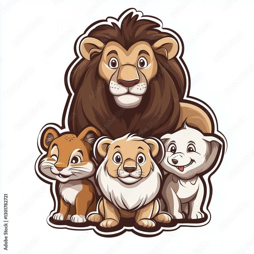 Obraz premium Stylish Vector Illustration of a Lion and Three Cubs on a Clean White Background