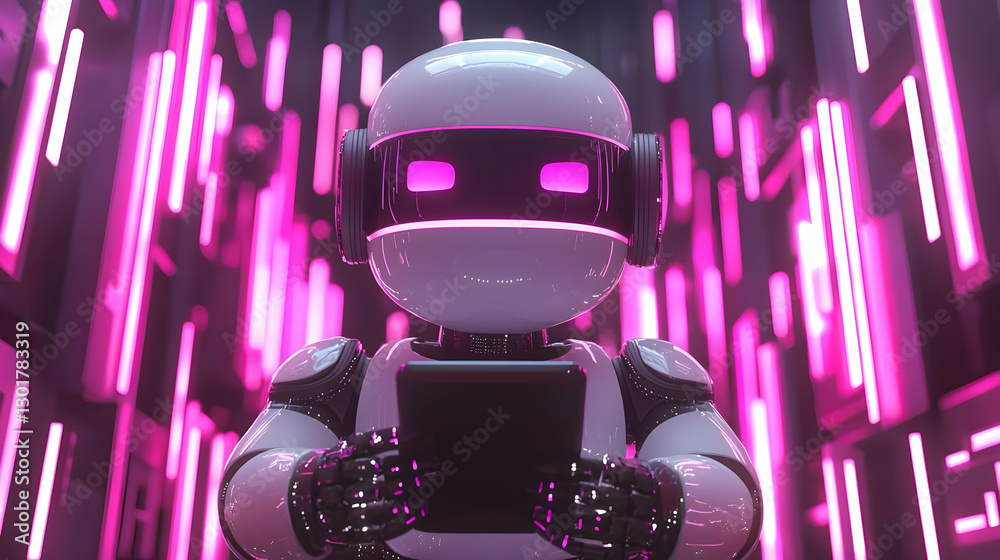 Obraz premium Futuristic Robot with Tablet in Neon Light Environment