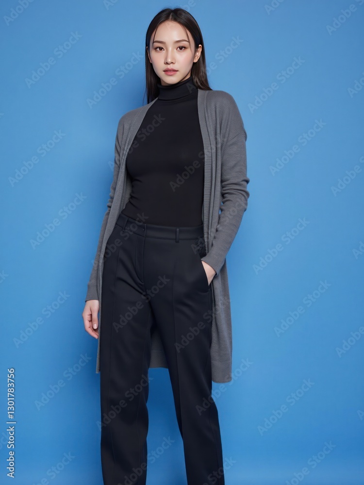 A confident woman wears a longline cardigan layered over a turtleneck and tailored pants, embracing the winter trend 2025. Her seductive stance against the blue background A confident woman wears a longline cardigan layered over a turtleneck and tailored pants, embracing the winter trend 2025. Her seductive stance against the blue background