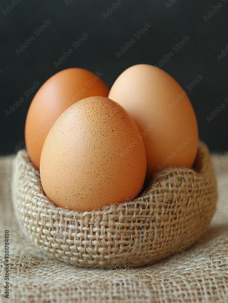 Three brown eggs nestled in a rustic burlap basket on a textured surface with a dark background Three brown eggs nestled in a rustic burlap basket on a textured surface with a dark background
