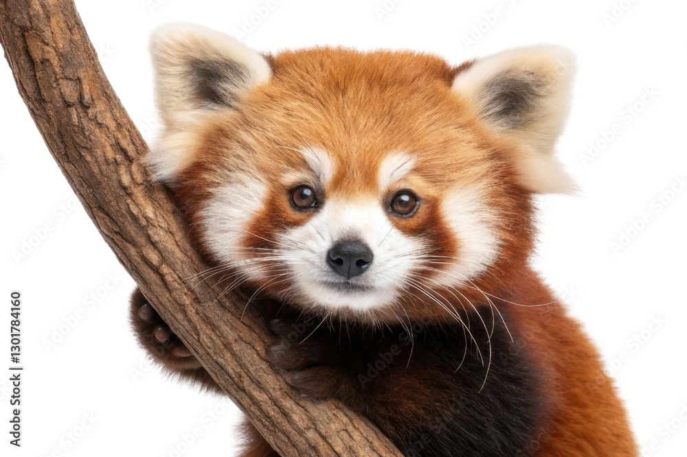 A red panda clings to a tree branch with a charming expression, highlighting its beautiful reddish-brown fur and distinctive facial features A red panda clings to a tree branch with a charming expression, highlighting its beautiful reddish-brown fur and distinctive facial features