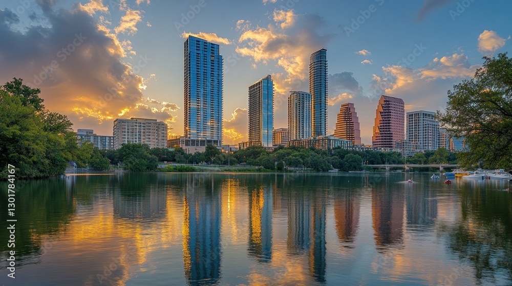 Naklejka premium Sunset Austin skyline reflected in lake, boats, clouds