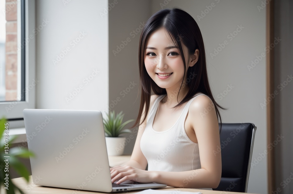 Smiling Asian Woman Working on Laptop at Desk | Home Office, Freelance, Technology, Business | Authentic and Confident Portrait Smiling Asian Woman Working on Laptop at Desk | Home Office, Freelance, Technology, Business | Authentic and Confident Portrait