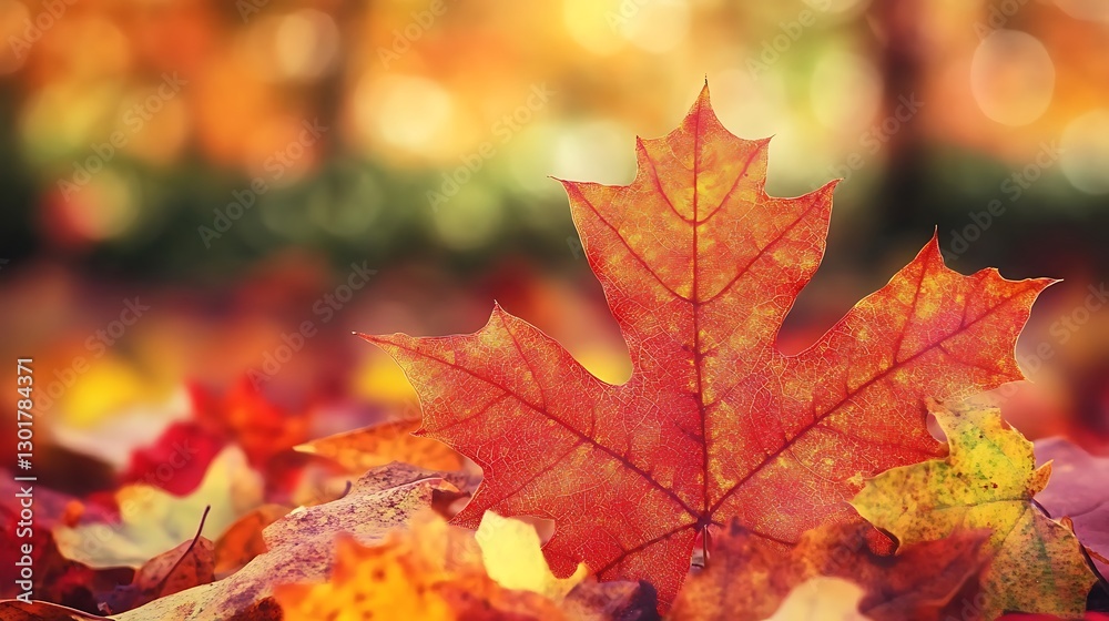 A detailed image shows a colorful maple leaf with others A detailed image shows a colorful maple leaf with others