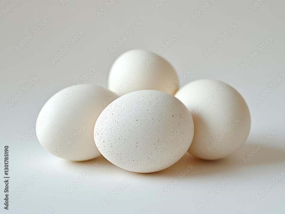 Four white eggs arranged aesthetically on a plain background, showcasing their smooth texture and shape Four white eggs arranged aesthetically on a plain background, showcasing their smooth texture and shape