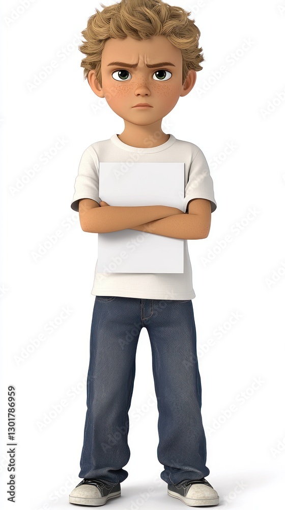 Cartoon boy holding blank paper, serious expression, studio shot. Possible use educational material, kids' book illustration Cartoon boy holding blank paper, serious expression, studio shot. Possible use educational material, kids' book illustration