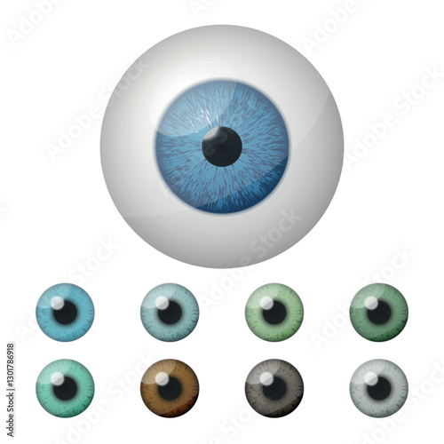 Realistic Vector Isolated Round Eyeballs Set With Various Pupil Colors. Detailed Eye Icons, Realistic Eyes, Eyeball Designs For Medical Illustrations, Eye Color Charts, Vision Studies, Eye Anatomy