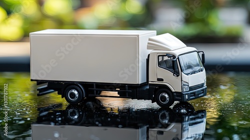 Small white delivery truck model on a wet surface