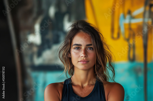 Young woman with wavy brown hair and tanned skin stands confidently in front of colorful city mural Free Download Young woman with wavy brown hair and tanned skin stands confidently in front of colorful city mural - GFXLoad