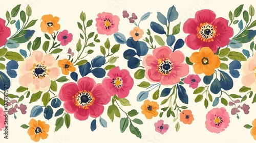 Floral Arrangement Blooming flowers and leaves adorn a clean, bright backdrop
