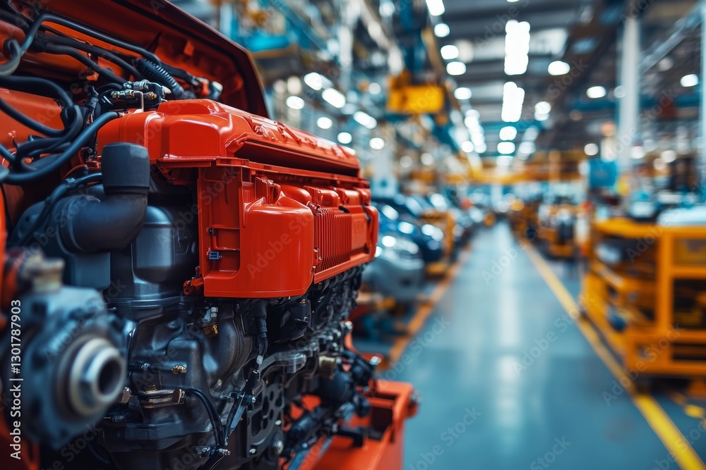 Fototapeta premium Close up of red truck engine with modern automotive factory and blurred cars in motion background