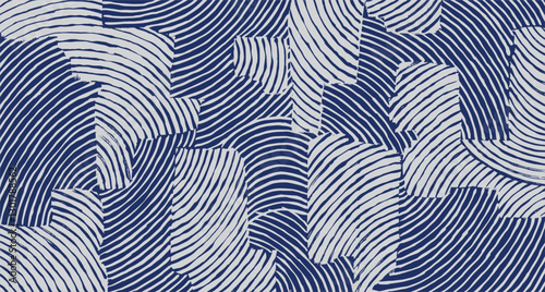 Japanese Blue and white brush line abstract hand drawn collage wave pattern, tribal and ethnic folk wood carving, block print textured surface background. simple monochromatic graphic for textile