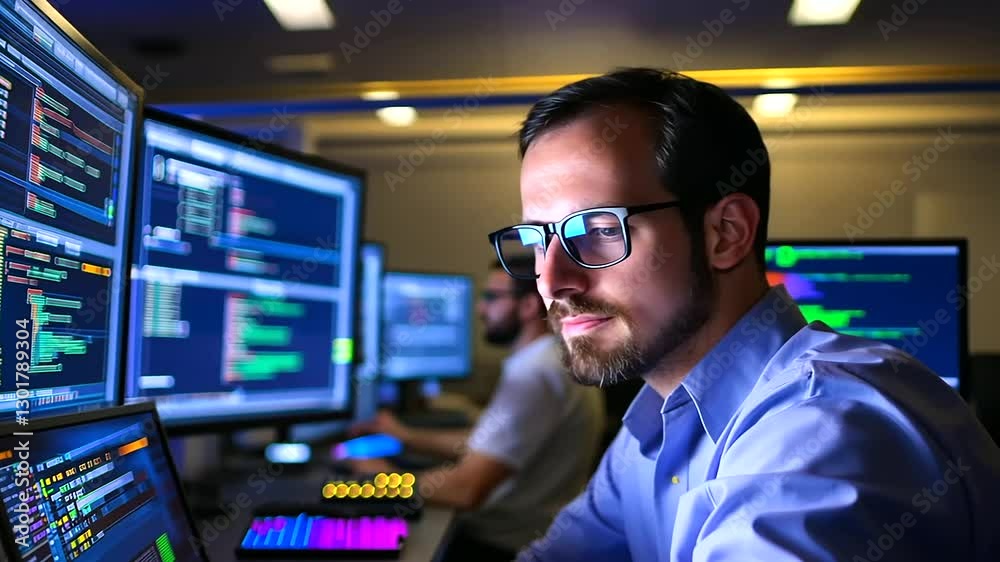 Software engineers programming amidst the advanced infrastructure of a data center. Software engineers programming amidst the advanced infrastructure of a data center.