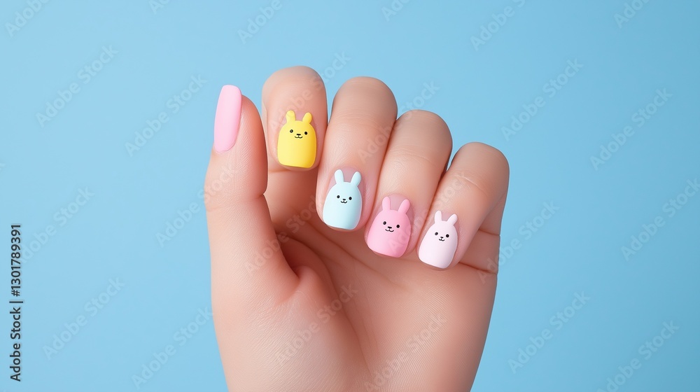 Naklejka premium Charming Close-Up of Pastel Nail Art Featuring Adorable Bunny Faces - Ideal for Trendy Manicure Inspiration and Beauty Blog Promotions in Soft Yellow, Blue, Pink and White Shades