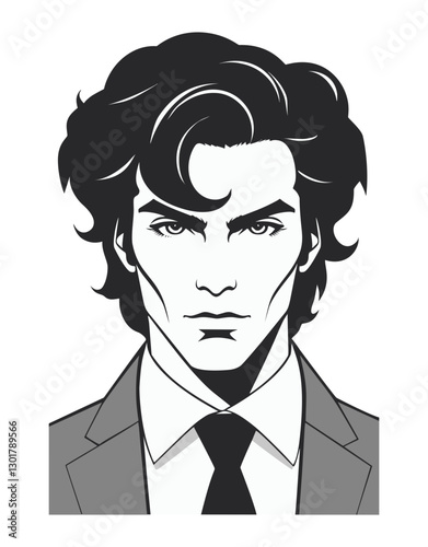 Man's haircut with feathered layers, voluminous and professionally ruffled in the style of the 1980s.