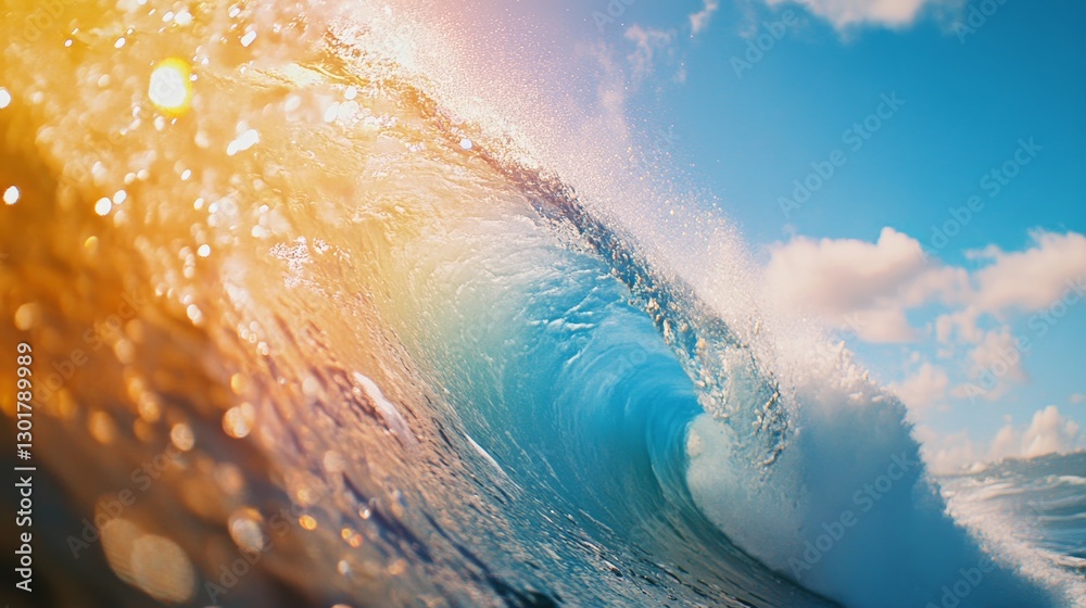 Fototapeta premium Stunning barrel view of a colorful hawaiian wave with foam and blue sky, enhanced by lens flare