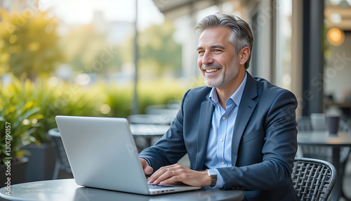 A mature businessman in his 40s or 50s sits outdoors at a table, working on his laptop with a gentle smile, embodying professionalism and work-life balance in a warm photo
