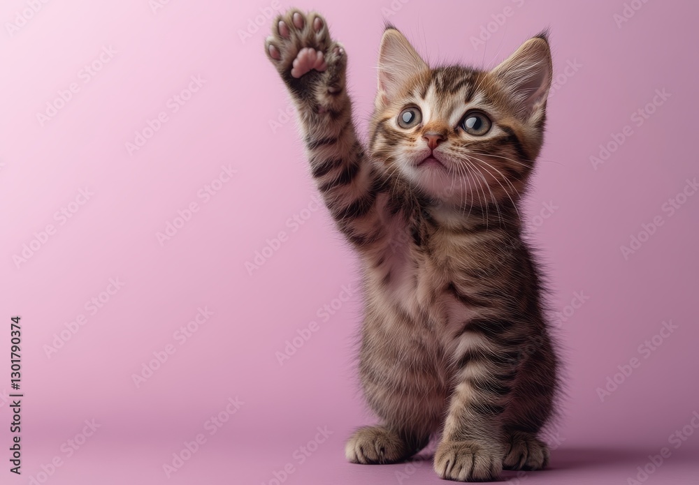 Cute kitten with raised paw looking curiously at the camera against a soft pink background, perfect for pet-themed projects and animal lovers.