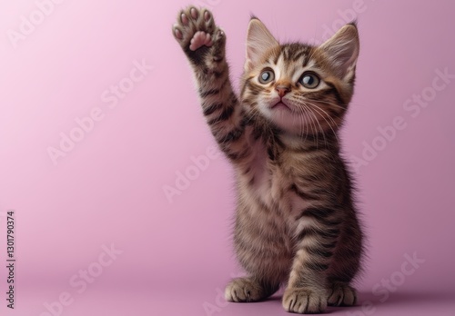Obraz na płótnie Cute kitten with raised paw looking curiously at the camera against a soft pink background, perfect for pet-themed projects and animal lovers. w salonie