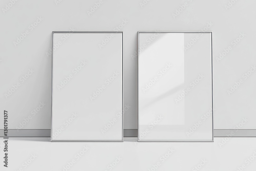 Two blank vertical posters in silver frames against a white wall. Two blank vertical posters in silver frames against a white wall.