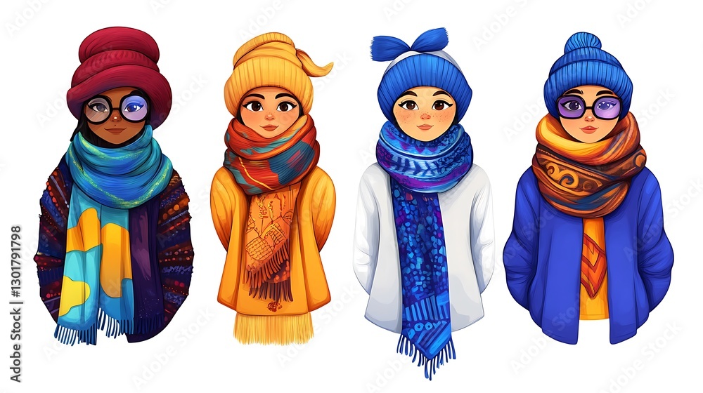 Fototapeta premium Winter Fashion Illustration: Four Women in Cozy Scarves and Hats AI Generated