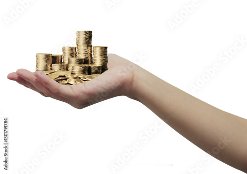 Open Hand Holding Stacked Gold Coins – Wealth and Finance Concept, close-up of an outstretched human hand holding multiple stacks of gold coins. The background is transparent.  Business growth concept