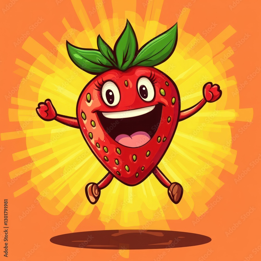Fototapeta premium Jumping happy strawberry cartoon, vibrant background, food illustration