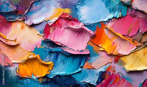 Abstract impasto painting with vibrant colors and thick brushstrokes on canvas texture