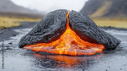 Lava flowing, spreading on road. Mountains in background, Iceland landscape